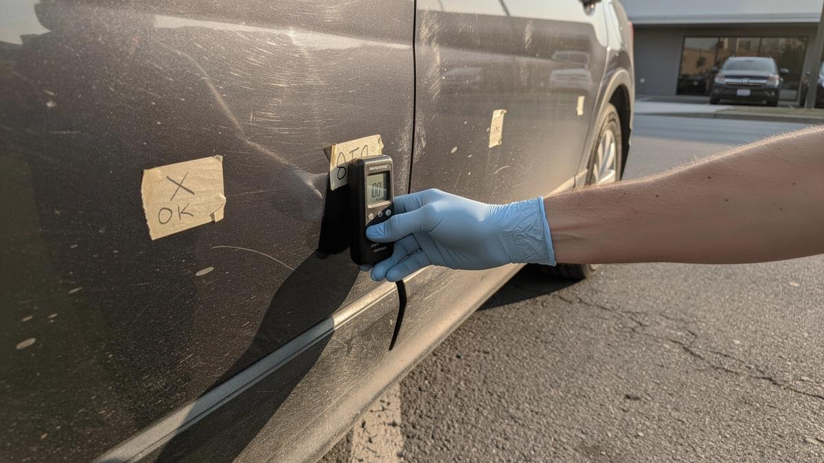 Inspector measuring paint depth on the rear door of a used sedan