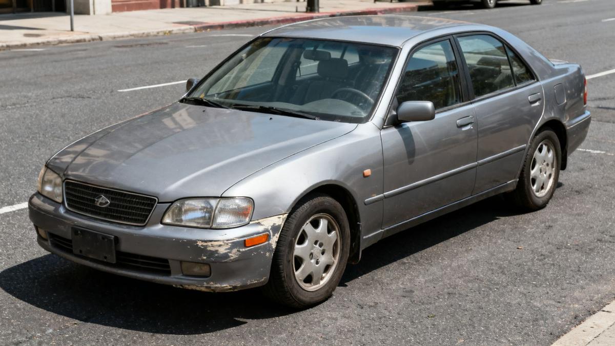 Front three-quarter view of an inspected used sedan with three numbered findings marked on the bodywork